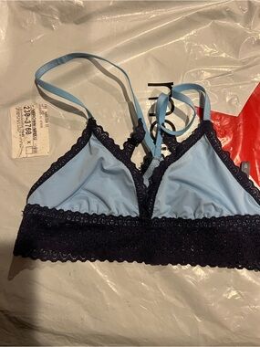 aerie Light Blue Triangle Bralette with Navy Lace Band